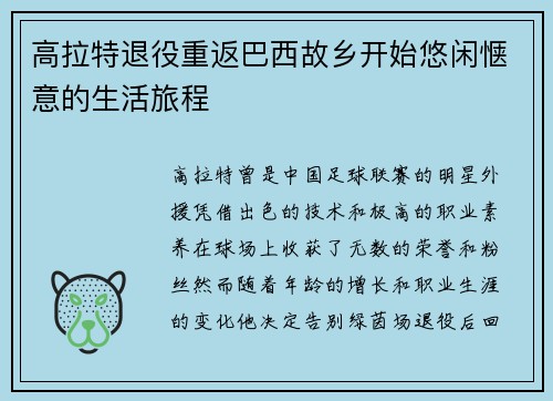 高拉特退役重返巴西故乡开始悠闲惬意的生活旅程